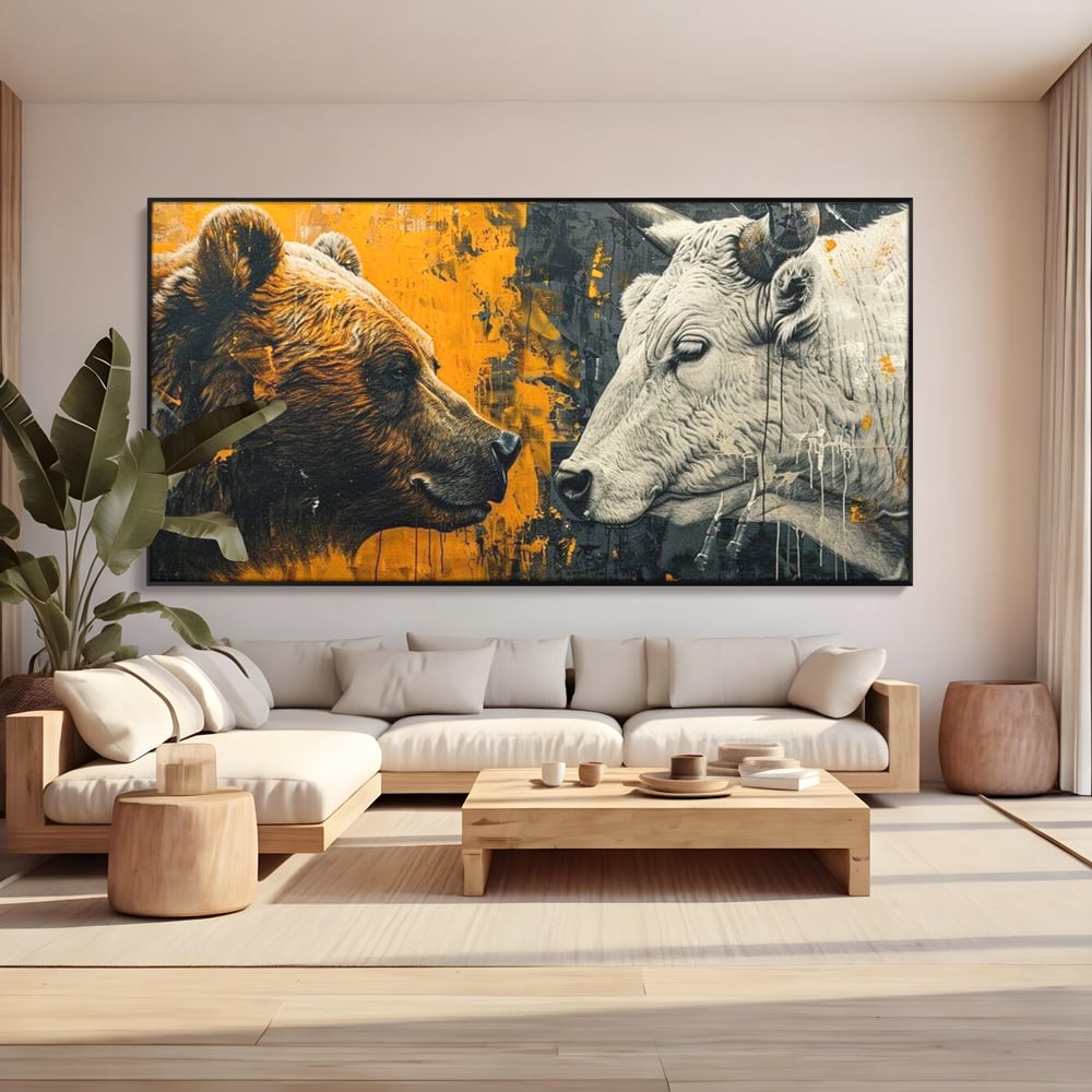Tablou canvas cu tablou canvas cu urs si taur, in rama de aluminiu negru, pe perete intr-un living